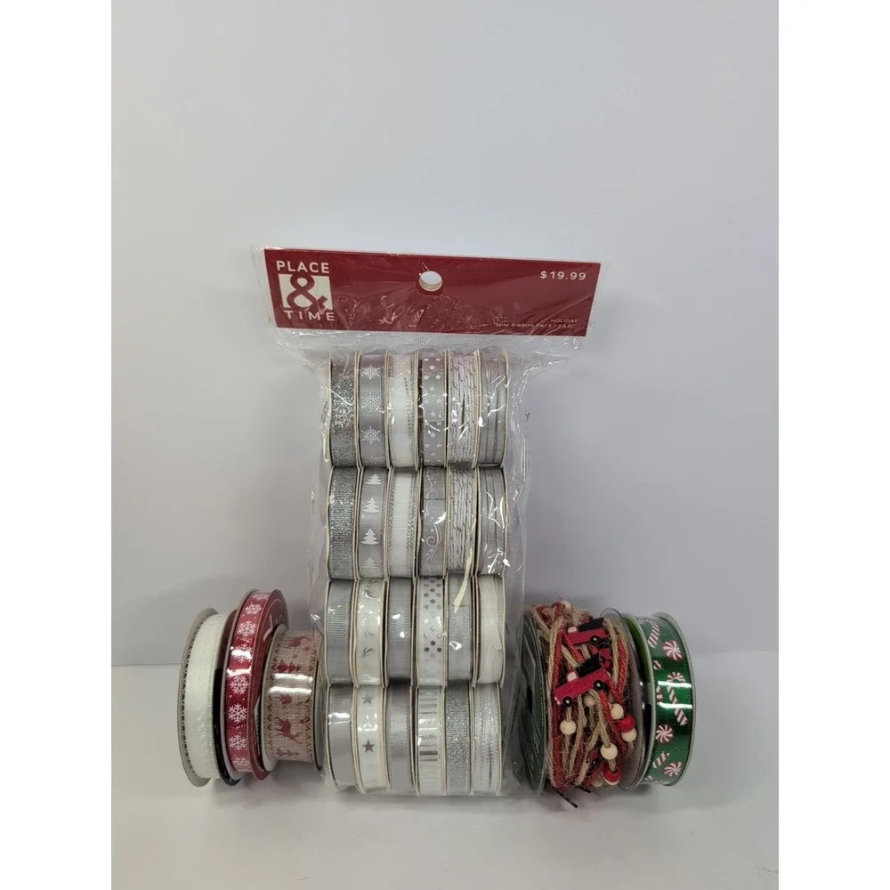 29‎ Spools Christmas Ribbon Lot Red Green White Reindeer Snowflake Cord Satin